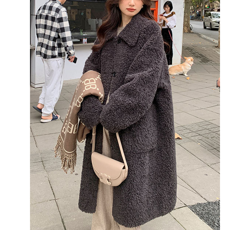 울100 양털 뽀글이 여성롱코트 오버핏 부클 양모 브라운 테디베어코트 포니크랑 - 상세 이미지 2
