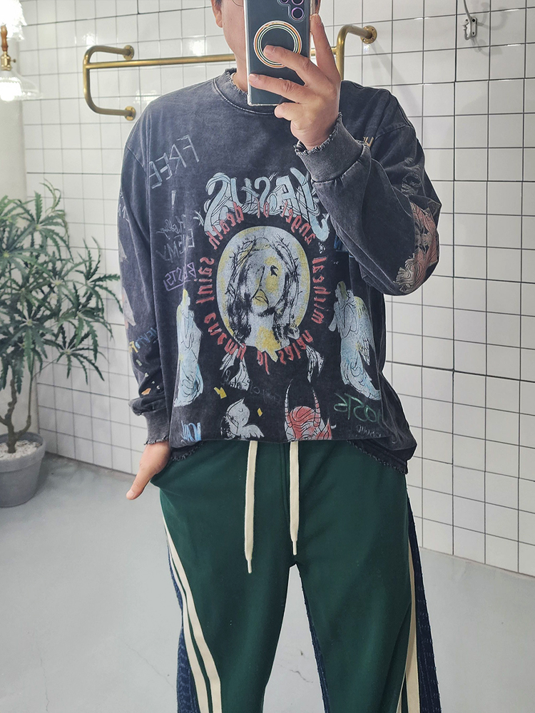 (무배) 피그워싱 프린팅 빈티지 긴팔 티셔츠 - 상품 이미지