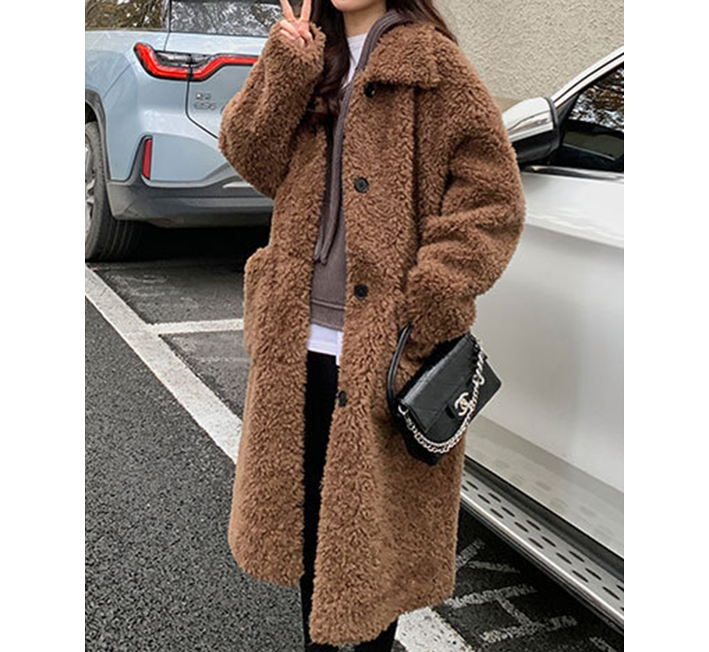 울100 양털 뽀글이 여성롱코트 오버핏 부클 양모 브라운 테디베어코트 포니크랑 - 메인 이미지