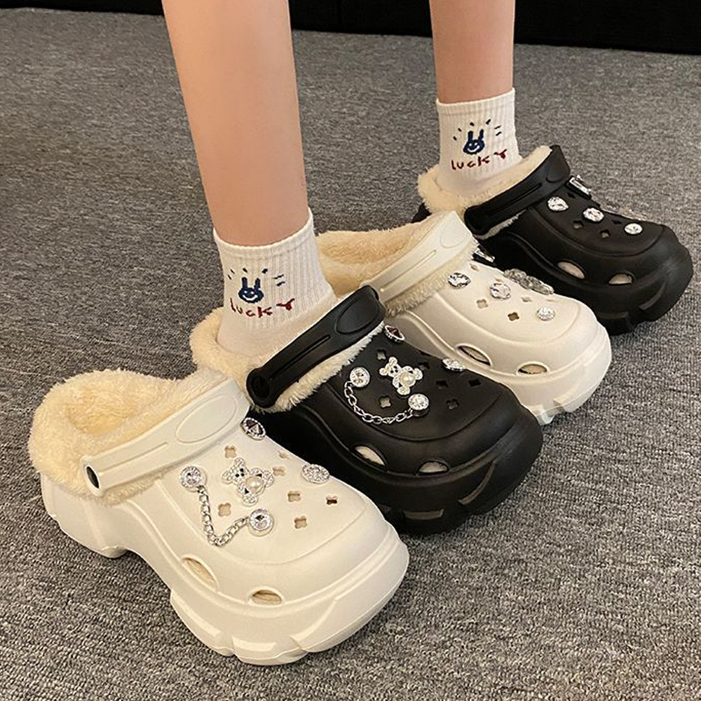 방한 큐빅 털샌들 키높이 보온 푹신한 통굽 털슬리퍼