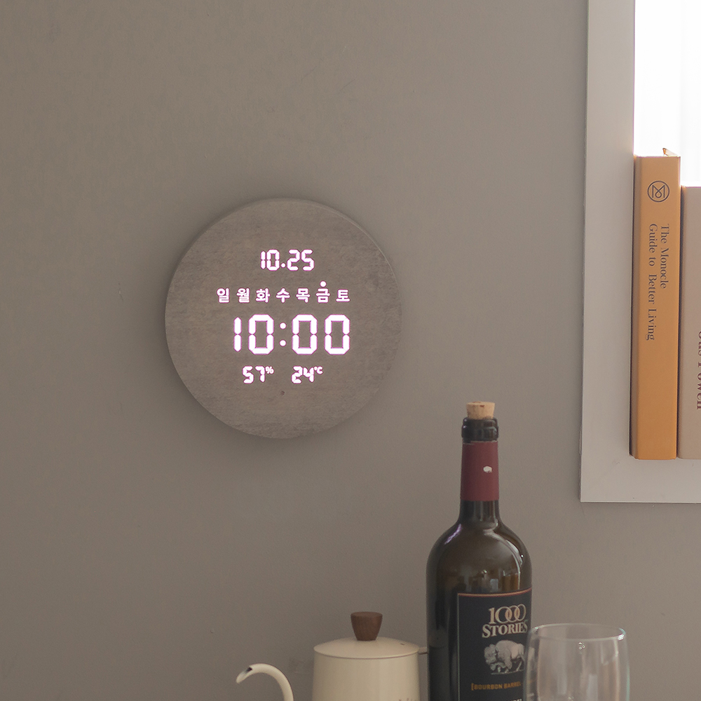 플라이토 무선 LED 벽시계 인테리어 무소음 디지털 전자 온습도 벽걸이 루나데이 19cm
