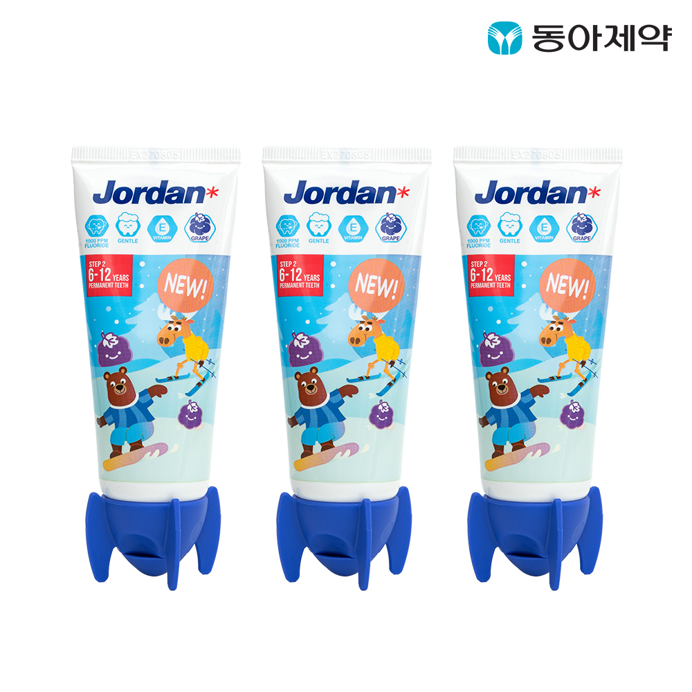 조르단 유아/어린이치약 뉴스텝 2단계 90g 3개입(패키지 랜덤) /  고불소 비타민E 비건치약