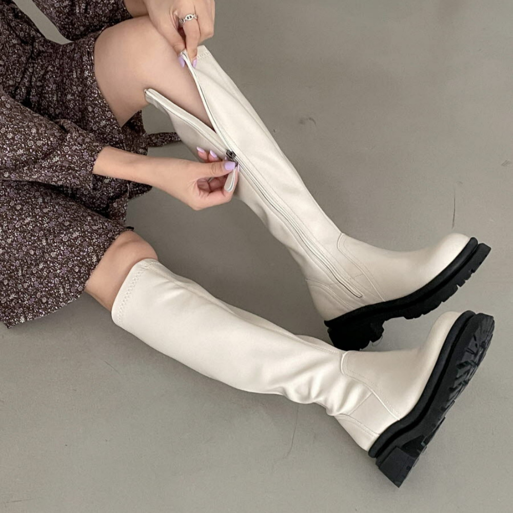 소울리 둥근코 여성 가죽 스판 롱부츠 캐주얼 청키 통굽 키높이 슬림핏 부츠 이미지 6