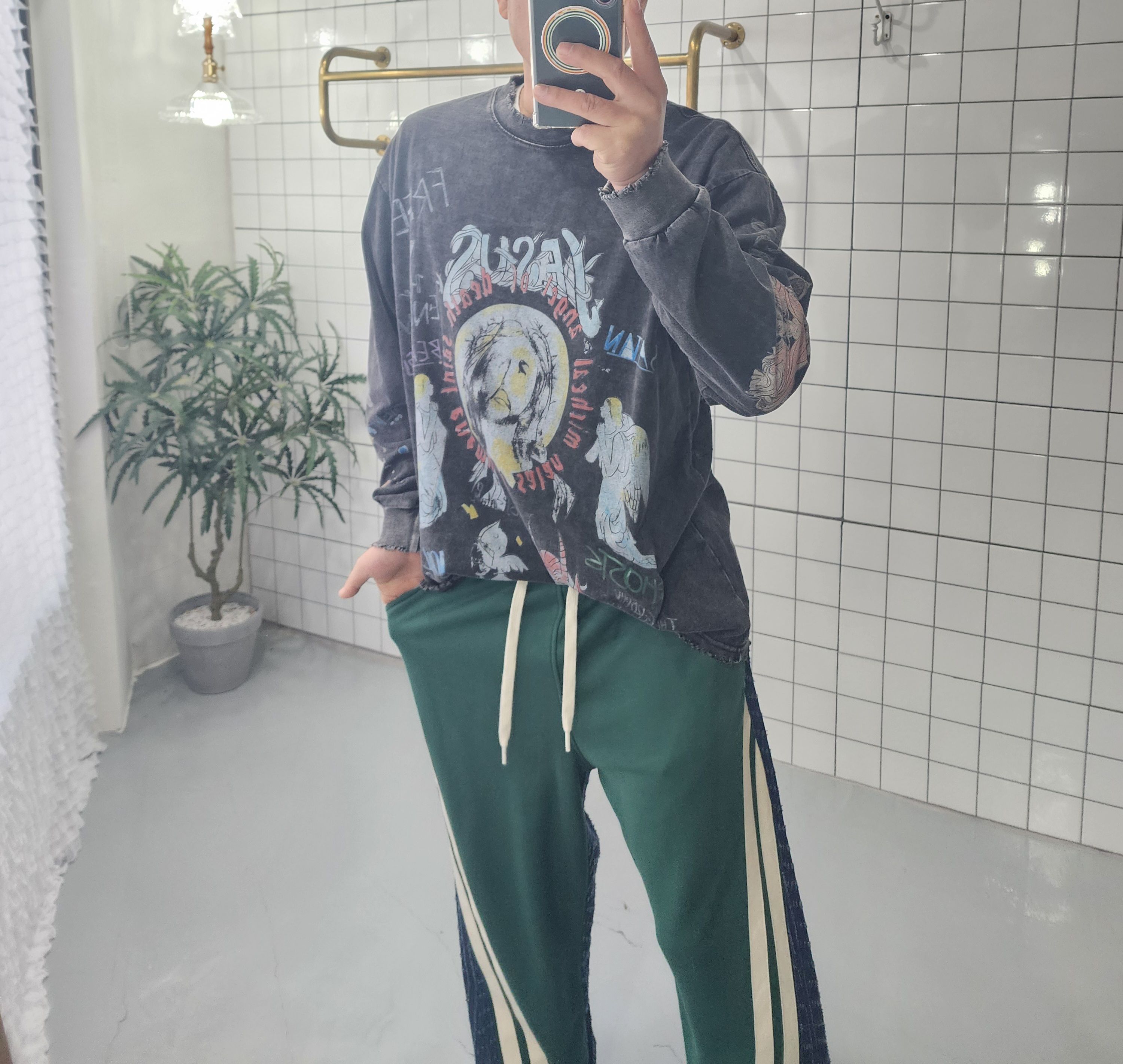 (무배) 피그워싱 프린팅 빈티지 긴팔 티셔츠 - 상세 이미지 5