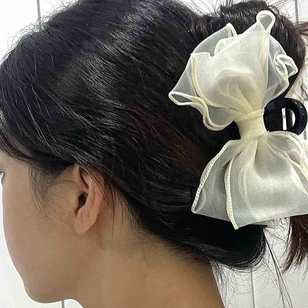왕리본집게핀 헤어집게핀 쉬폰 왕리본 화이트 왕리본핀 : 프레임자몽