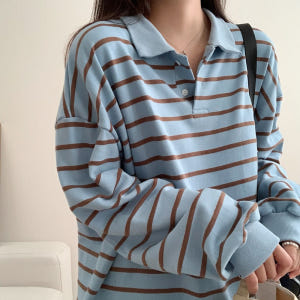 귀여운 오버핏 단가라 럭비 카라티 스트라이프 티셔츠 여성 티셔츠 코튼 여... 착용 후기 | 사이즈/핏 총정리 - 상품 이미지 2
