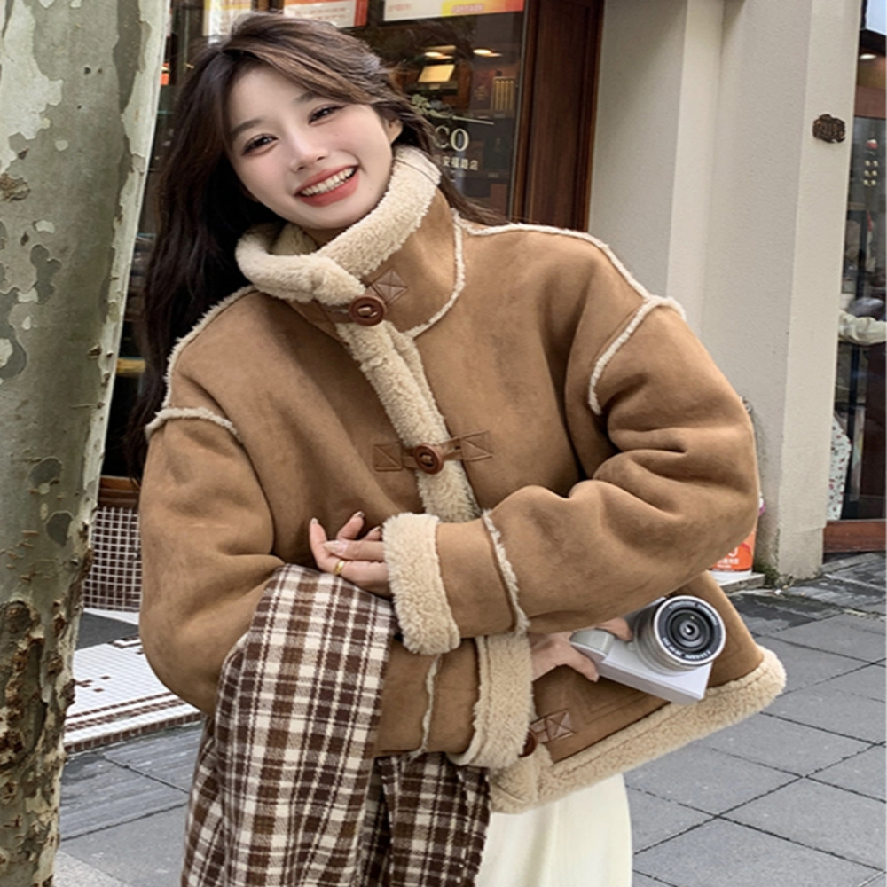 겨울 숏 무스탕 코트 오토바이자켓 스웨이드 원단 두꺼운 따뜻한 램울 - 메인 이미지
