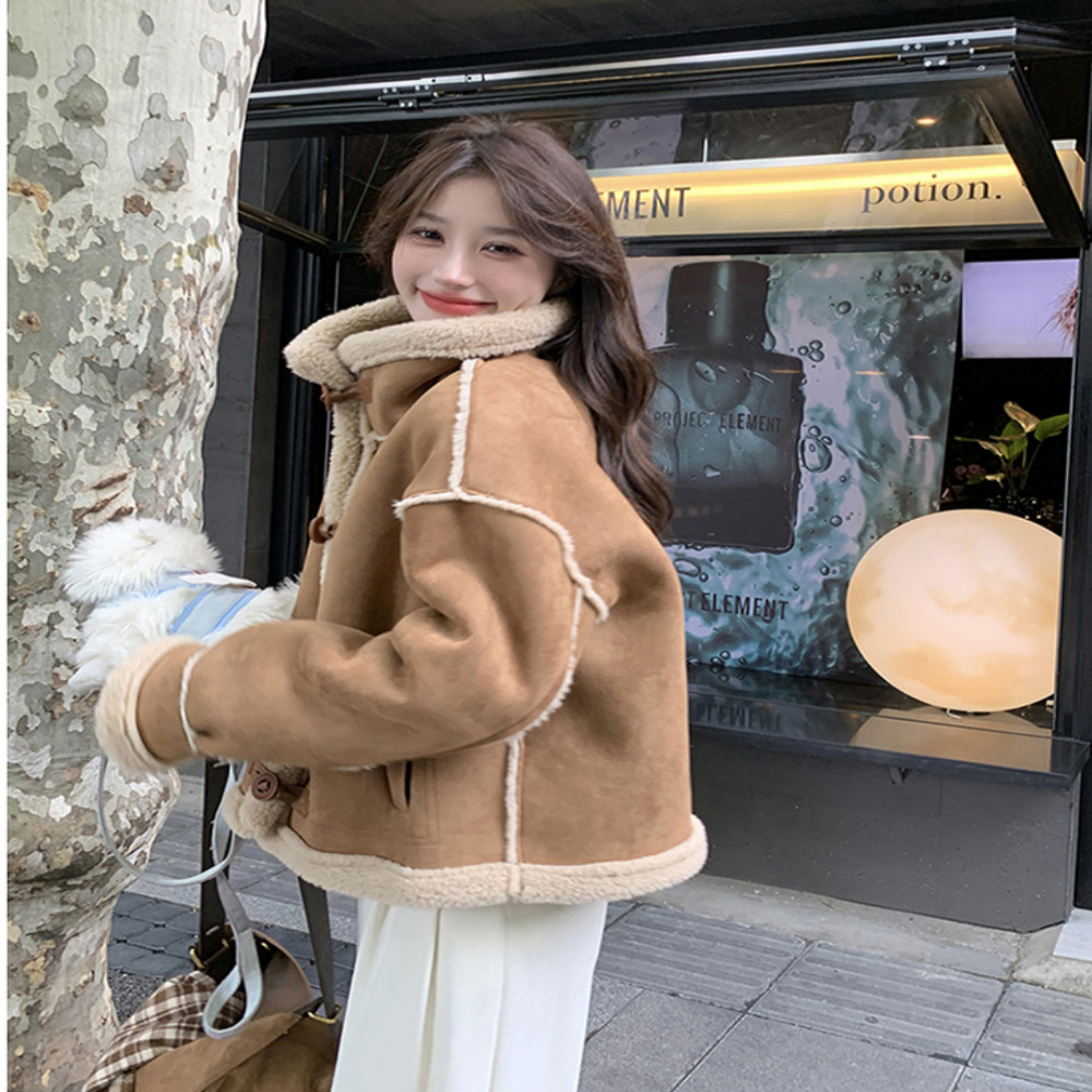 겨울 숏 무스탕 코트 오토바이자켓 스웨이드 원단 두꺼운 따뜻한 램울 이미지 6