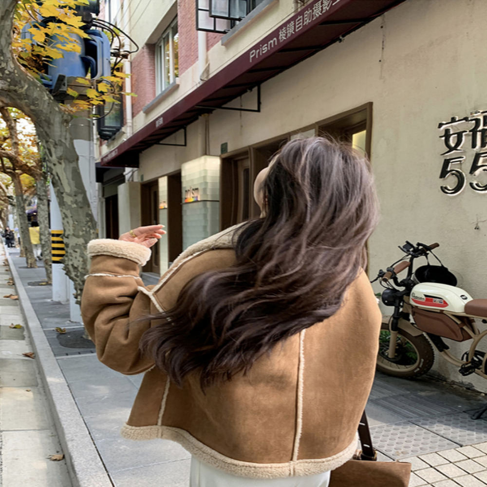 겨울 숏 무스탕 코트 오토바이자켓 스웨이드 원단 두꺼운 따뜻한 램울 이미지 8
