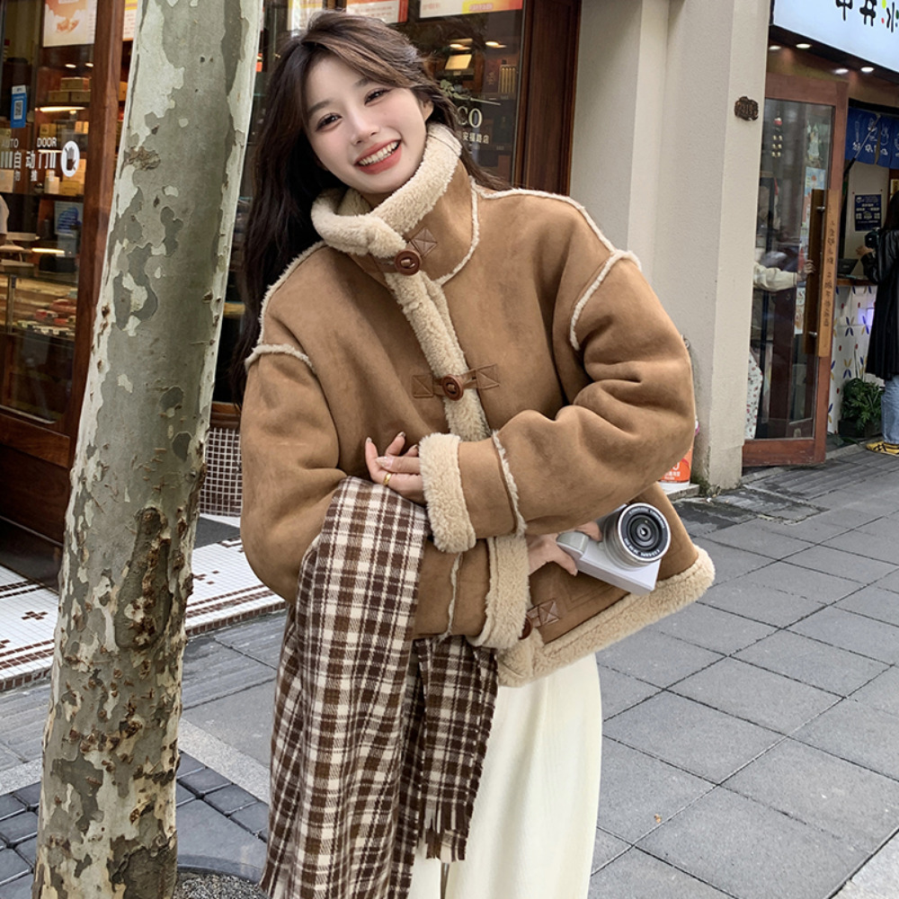 겨울 숏 무스탕 코트 오토바이자켓 스웨이드 원단 두꺼운 따뜻한 램울 - 상세 이미지 3