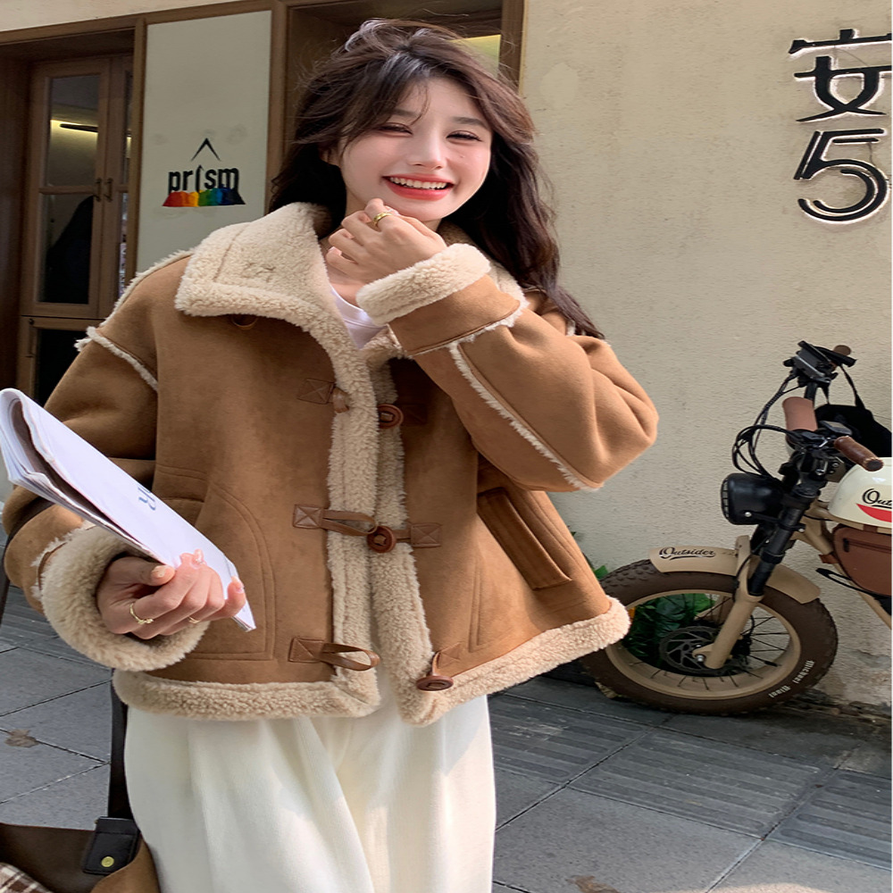 겨울 숏 무스탕 코트 오토바이자켓 스웨이드 원단 두꺼운 따뜻한 램울 - 상세 이미지 2