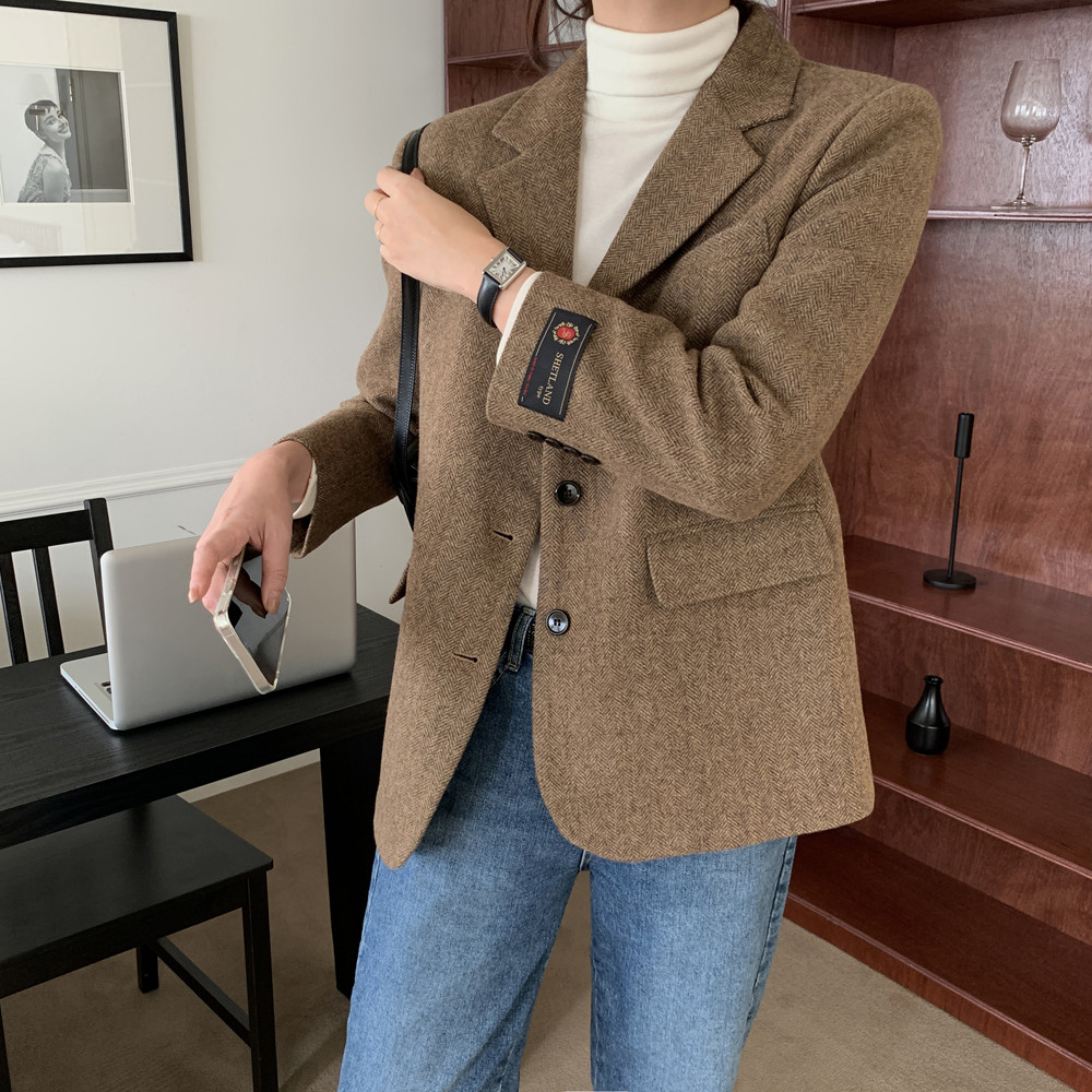 프리미엄 싱글 오버핏 테일러드 헤링본 자켓 여자 울자켓 블레이저 여성 가을 자켓