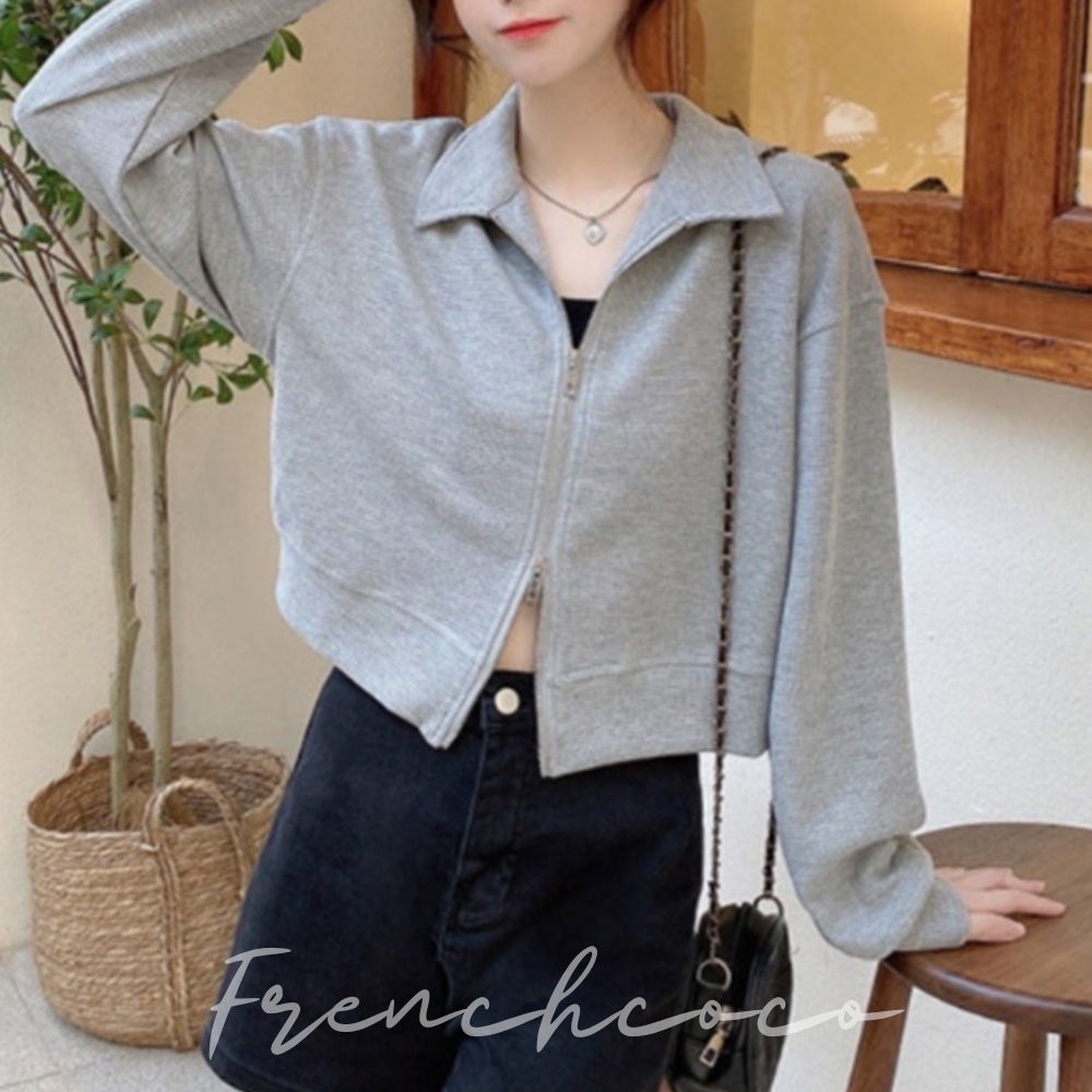 프렌치코코 숏 카라 집업 니트 데일리 데이트룩 - 상품 이미지