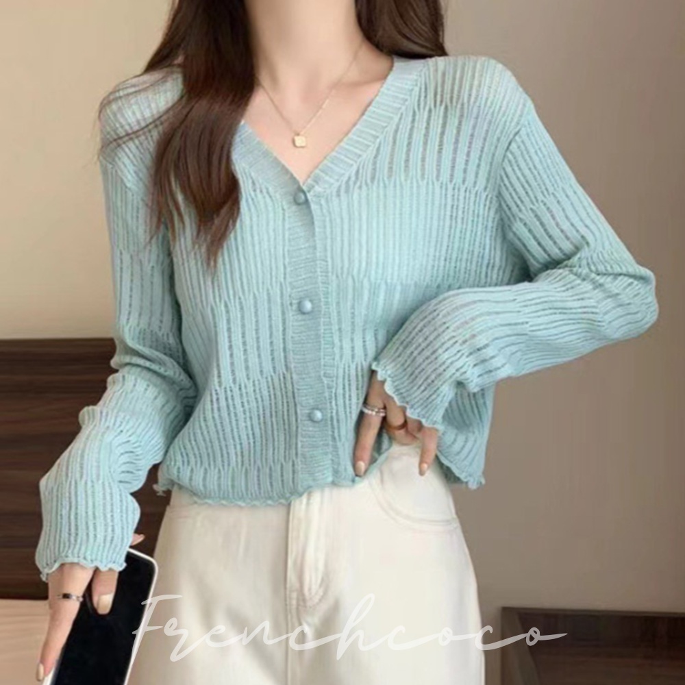 프렌치코코 간절기 슬림핏 가디건 얇은 브이넥 - 상품 이미지