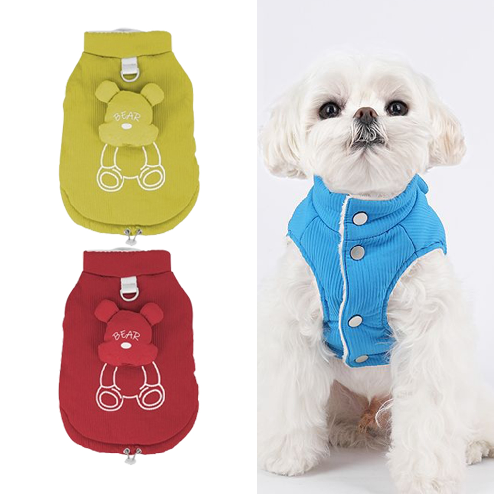 강아지 고양이 겨울 방한 곰돌이 양털 골덴 패딩조끼 단추 하네스 아우터 겨울옷 점퍼