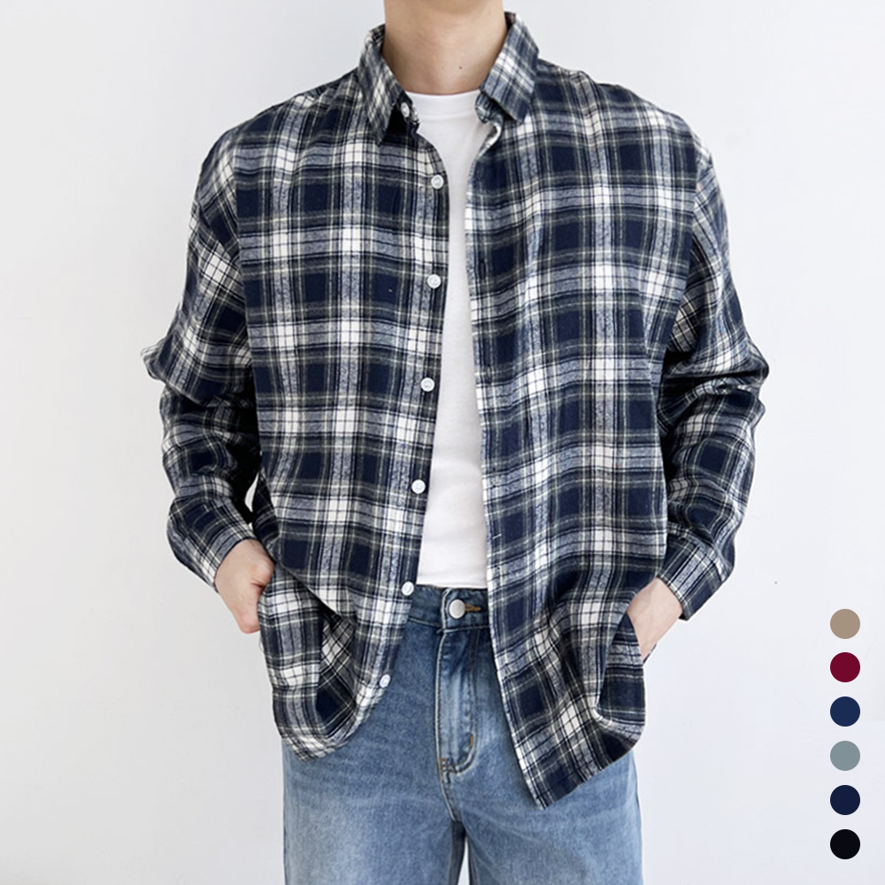 타탄체크셔츠 체크무늬 오버핏 루즈핏 커플 남성 남방 - 상품 이미지