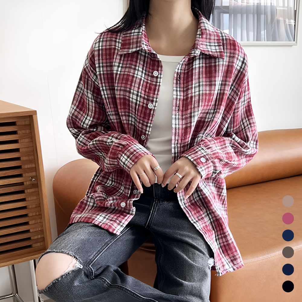 타탄체크셔츠 빨간 레드 체크 오버핏 루즈핏 커플 여성 남방 - 상품 이미지