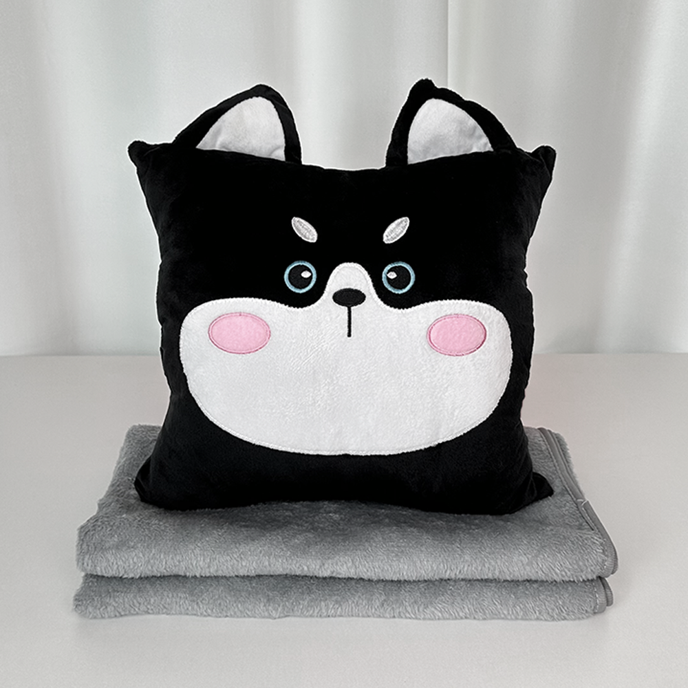 극세사 쿠션 무릎 담요 사무실 차량용 캐릭터 기내 블랙강아지