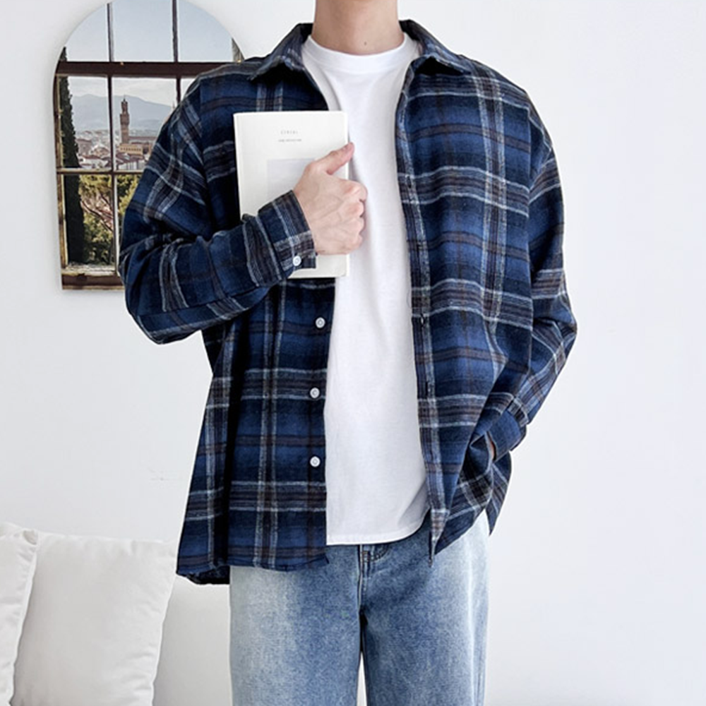 타탄체크셔츠 체크무늬 오버핏 루즈핏 커플 남성 남방 이미지 7