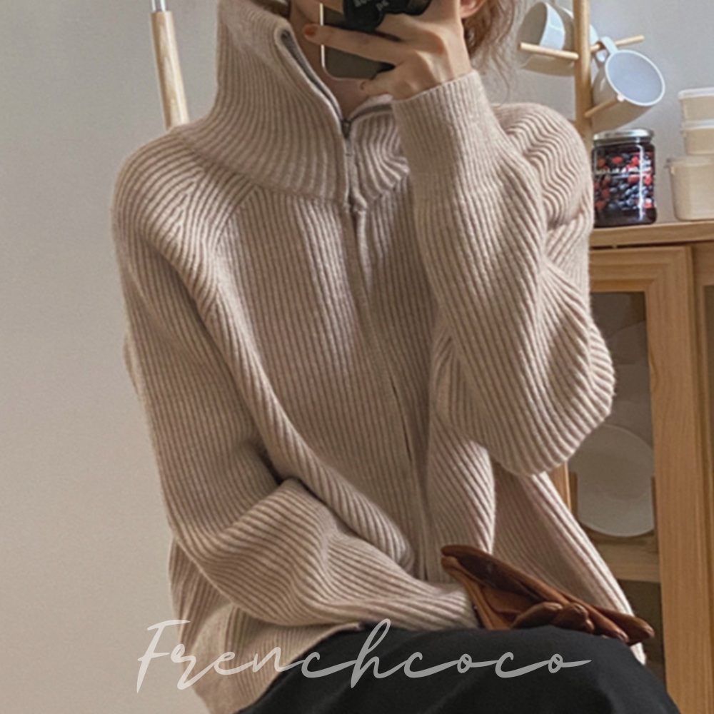 프렌치코코 데일리 집업 편한 카라 외출복 골지 하이넥 니트 - 상품 이미지
