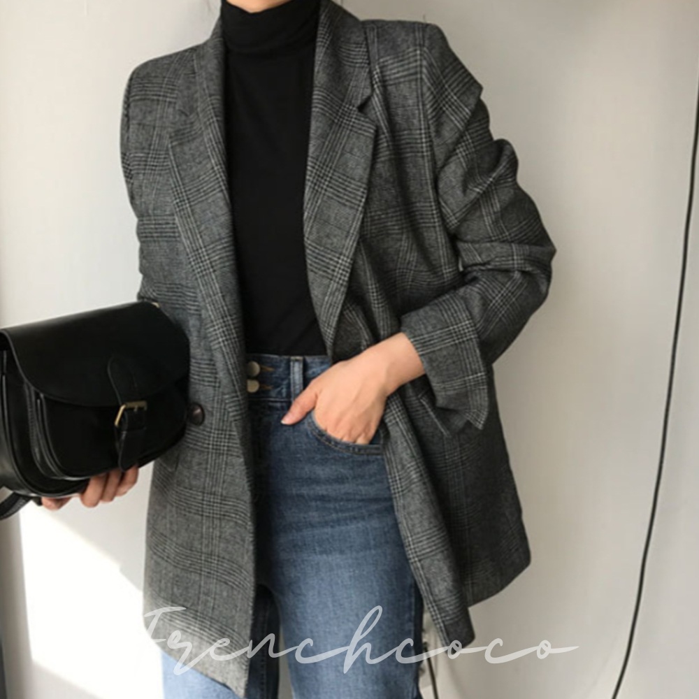 프렌치코코 체크 간절기자켓 가을 롤업 체크재킷