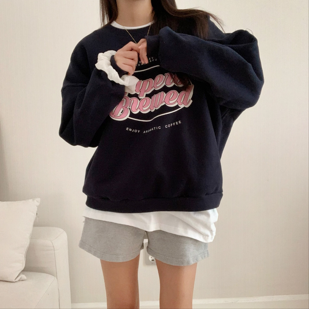 오버핏 수핀 레터링 프린팅 티셔츠 여자 맨투맨 박스티 여성 가을 티셔츠 코튼 라운드