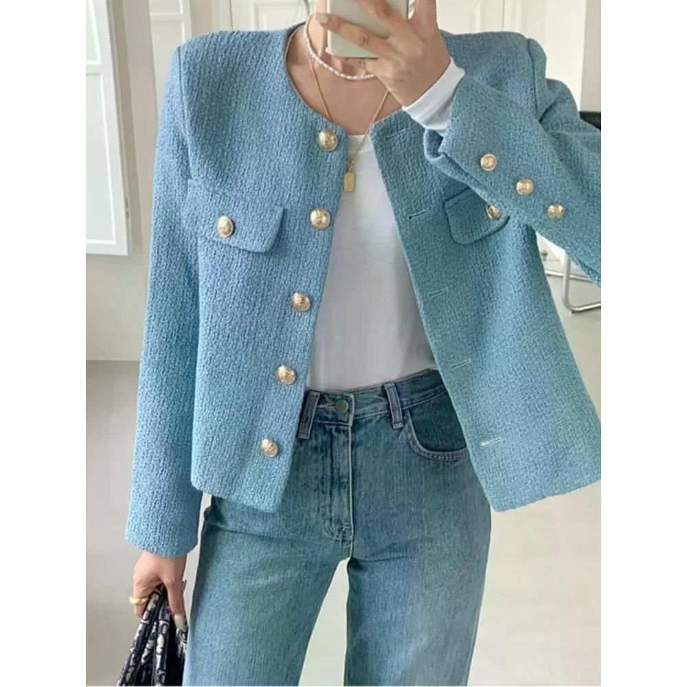 가을 따뜻한 라운드 넥 메탈 싱글 브레스트 루즈핏 트위드 거친 짧은 재킷 여성 겉옷 여성용 스카이 블루 L