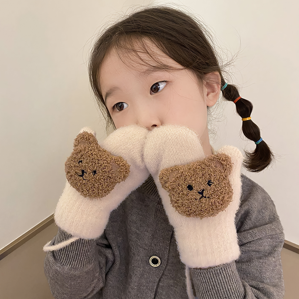 아동 유아 키즈 어린이 초등 아이 겨울 방한 귀여운 곰돌이 벙어리 장갑 - 상세 이미지 2