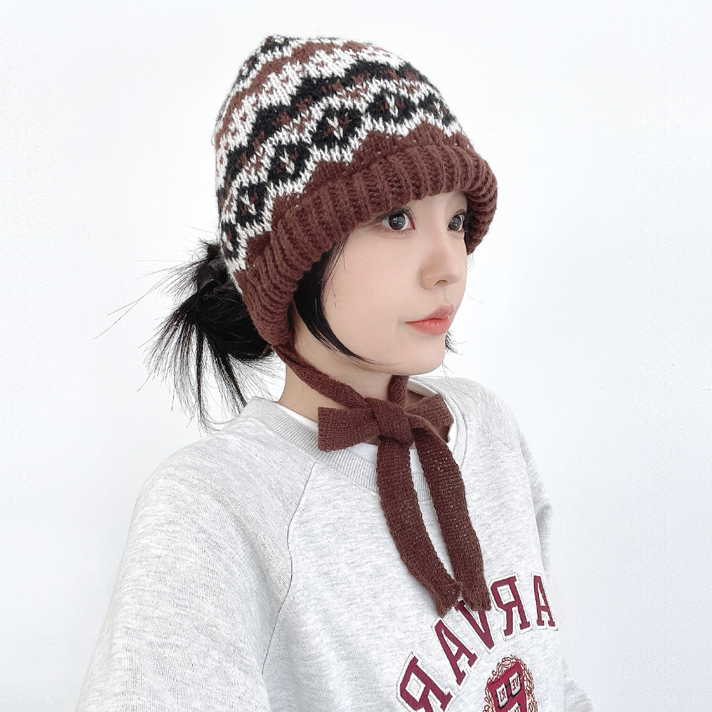 코위찬 노르딕 여성 겨울 방한 니트 끈달린 귀도리 보넷 귀달이모자