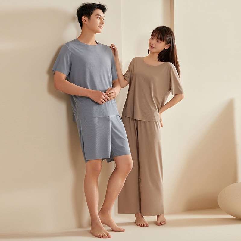 미니멀룩 커플 실크잠옷 얇은 라운드넥 잠옷 - 상품 이미지