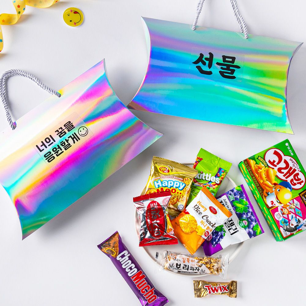 더하모니 홀로그램 반달 손잡이 간식 상자 무료라벨 단체간식 구디백 과자세트 - 상품 이미지