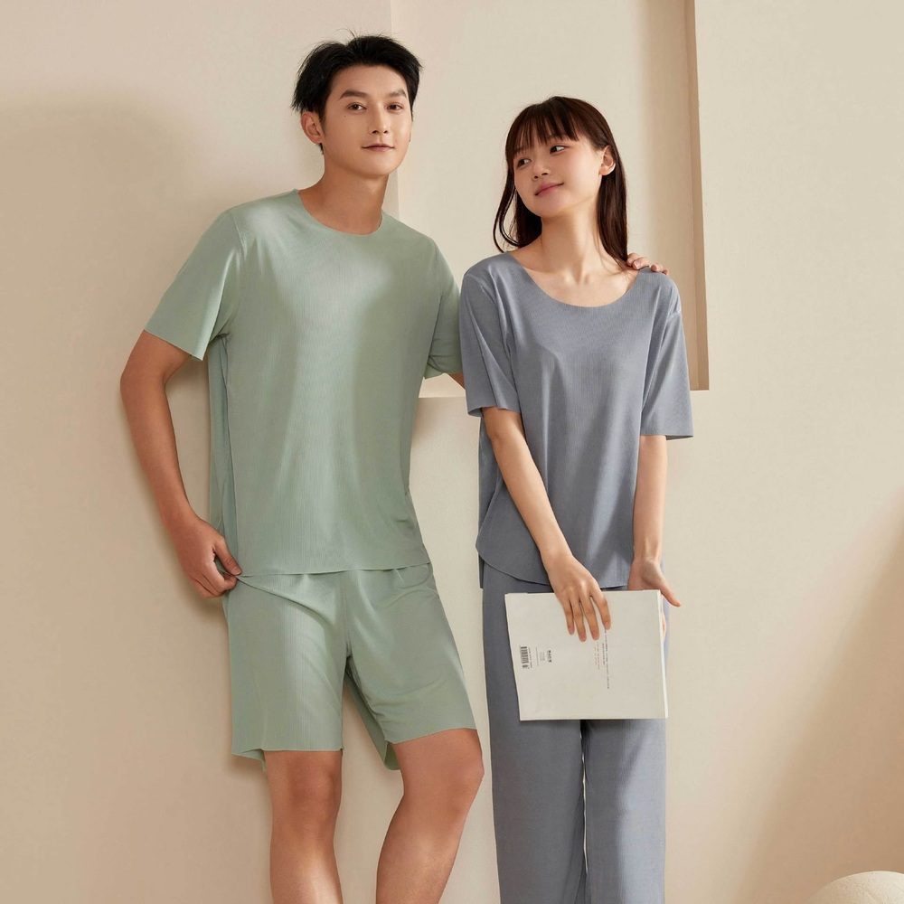 미니멀룩 커플 실크잠옷 얇은 라운드넥 잠옷 - 상세 이미지 3
