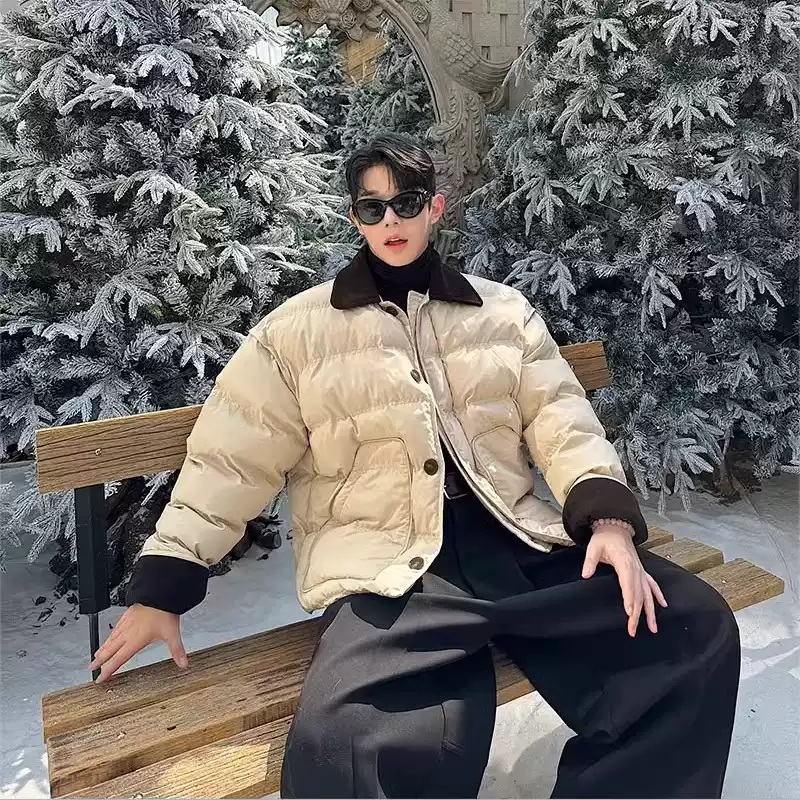 코듀로이카라소매 포인트 패딩 점퍼 자켓 고급 명품느낌 클래식 데이트 키큰남자 코디 베이지 - 상품 이미지