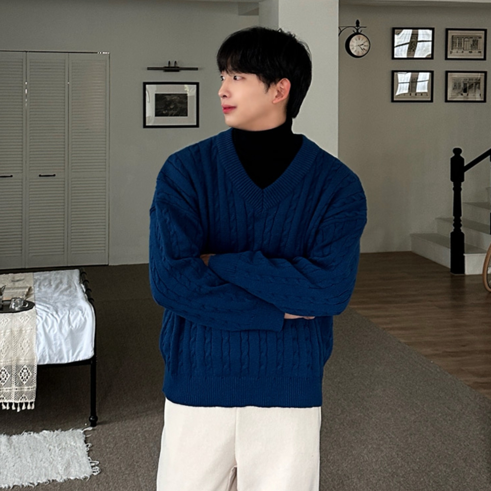 남자 차리 오버핏 브이넥&라운드 2타입 꽈배기 케이블 니트 - 상세 이미지 5