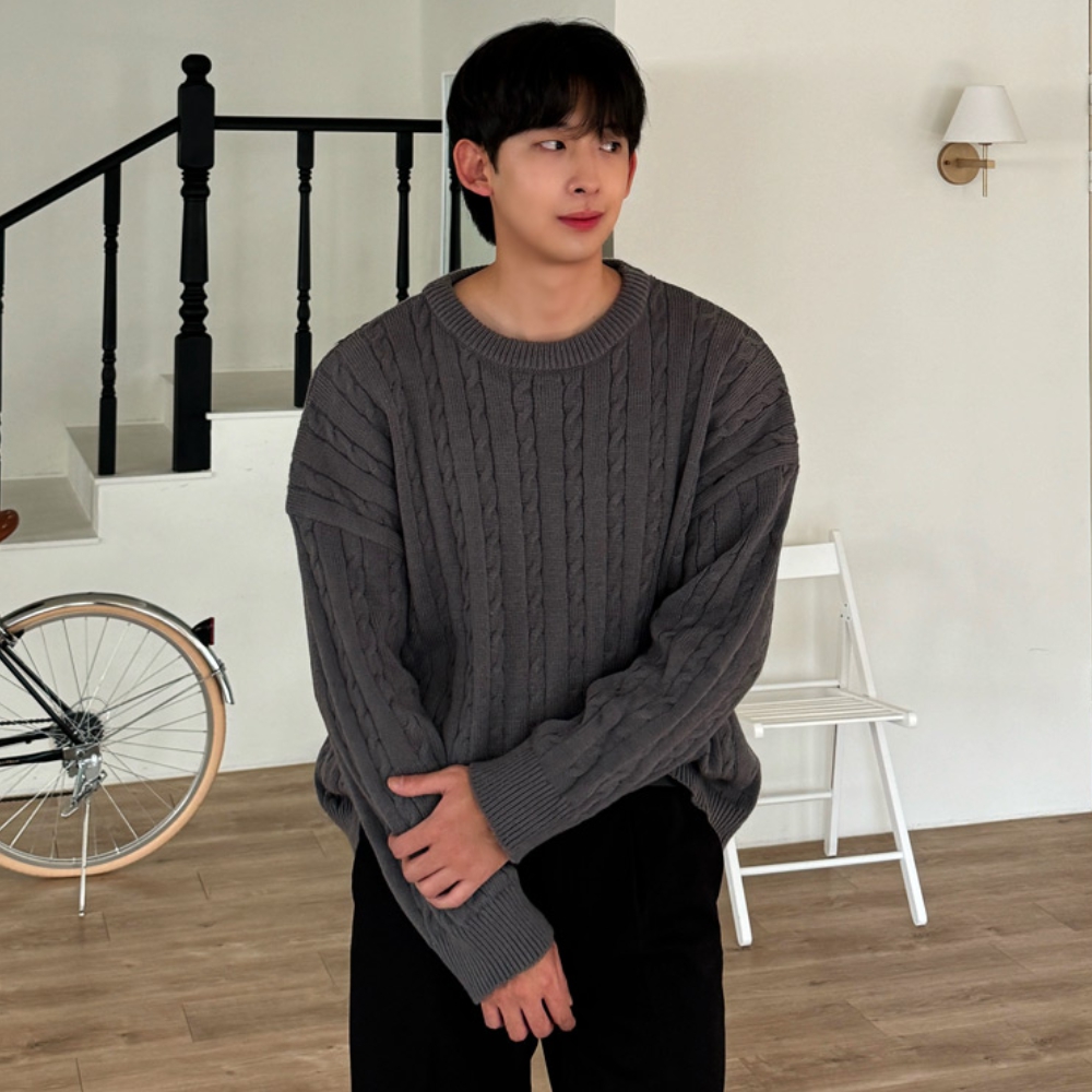 남자 차리 오버핏 브이넥&라운드 2타입 꽈배기 케이블 니트 - 상품 이미지