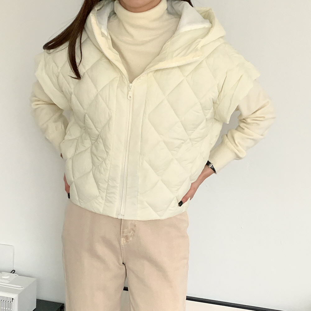 여성 패딩조끼 반팔조끼 후드 집업 퀼팅 누빔 겨울 숏 베스트 - 상세 이미지 3