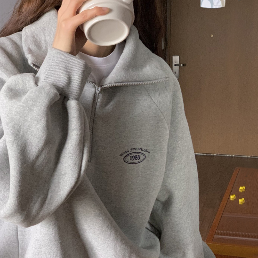 오버핏 1983 레터링 자수 여자 맨투맨 박스티 반집업 맨투맨 여성 티셔츠