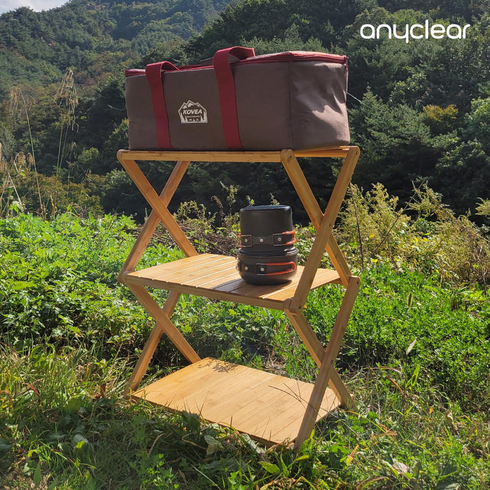 애니클리어 캠핑용 우드쉘프 접이식 테이블 감성 원목 3단 다용도 선반 주방수납장 신발장