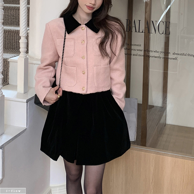 런지 벨벳 카라 금장 핑크 크롭 울자켓 1col 겨울 봄 셋업 부클 하객 제이플로우 - 상세 이미지 5