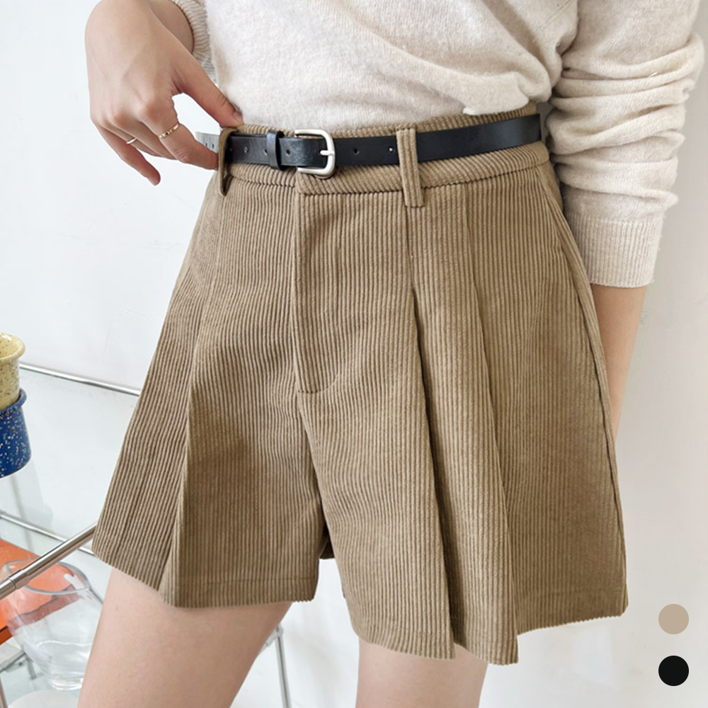골덴반바지 코듀로이 여성 A라인 핀턱 주름 반바지 - 상품 이미지