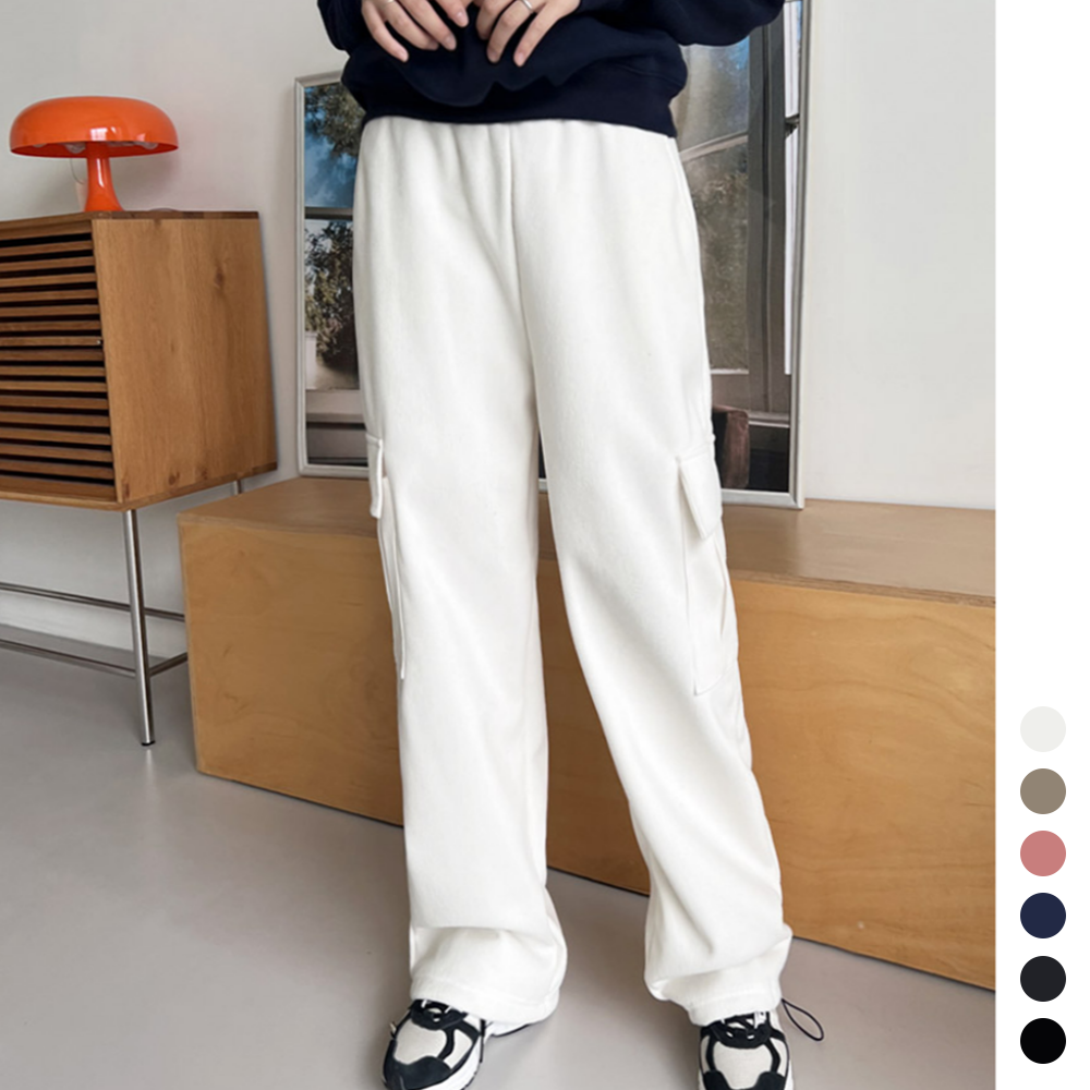 코듀로이팬츠 기모 고무줄 밴딩 여성 와이드 스트링 카고 통바지 - 상품 이미지