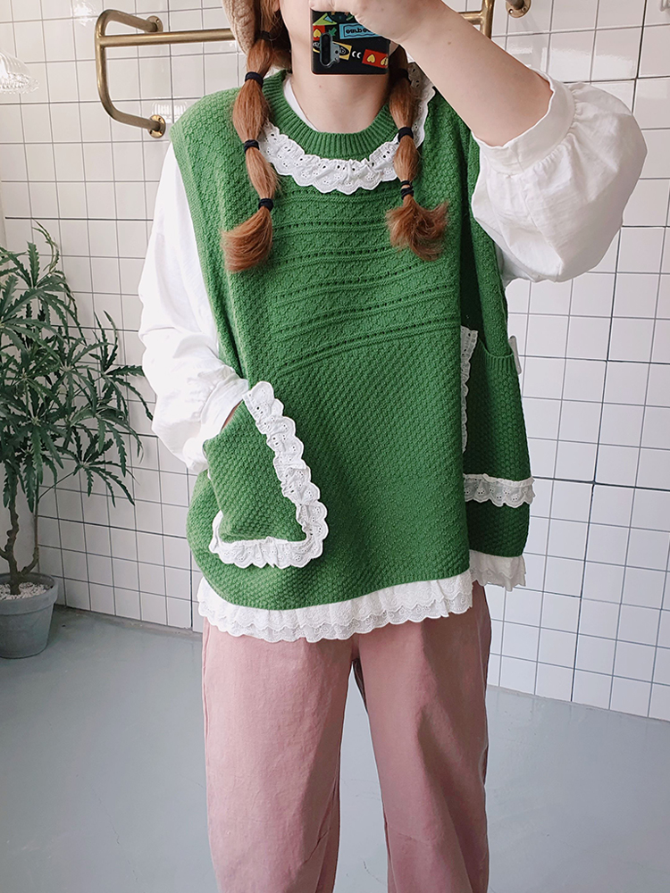 (무배) 레이스 포켓 오버핏 니트 조끼 