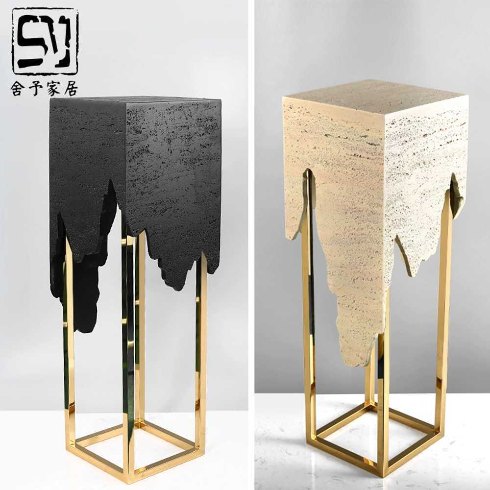 촬영 받침대 오브제 마블 조각상 슬레이트 사각 거실 옐로우 골드 30x30x70cm - 상세 이미지 3