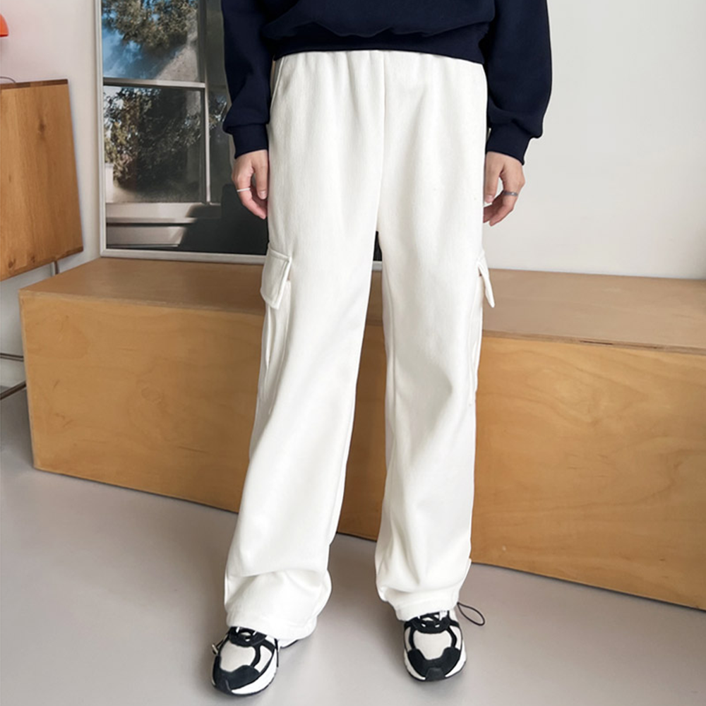 코듀로이팬츠 기모 고무줄 밴딩 여성 와이드 스트링 카고 통바지 - 상세 이미지 3