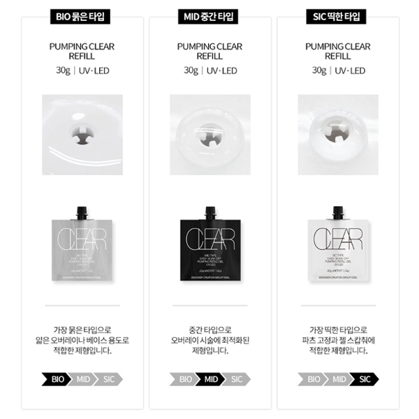 디젤 펌핑 클리어젤 30g(BIO/MID/SIC) LED/UV겸용 리필 3종(선택) - 상세 이미지 2