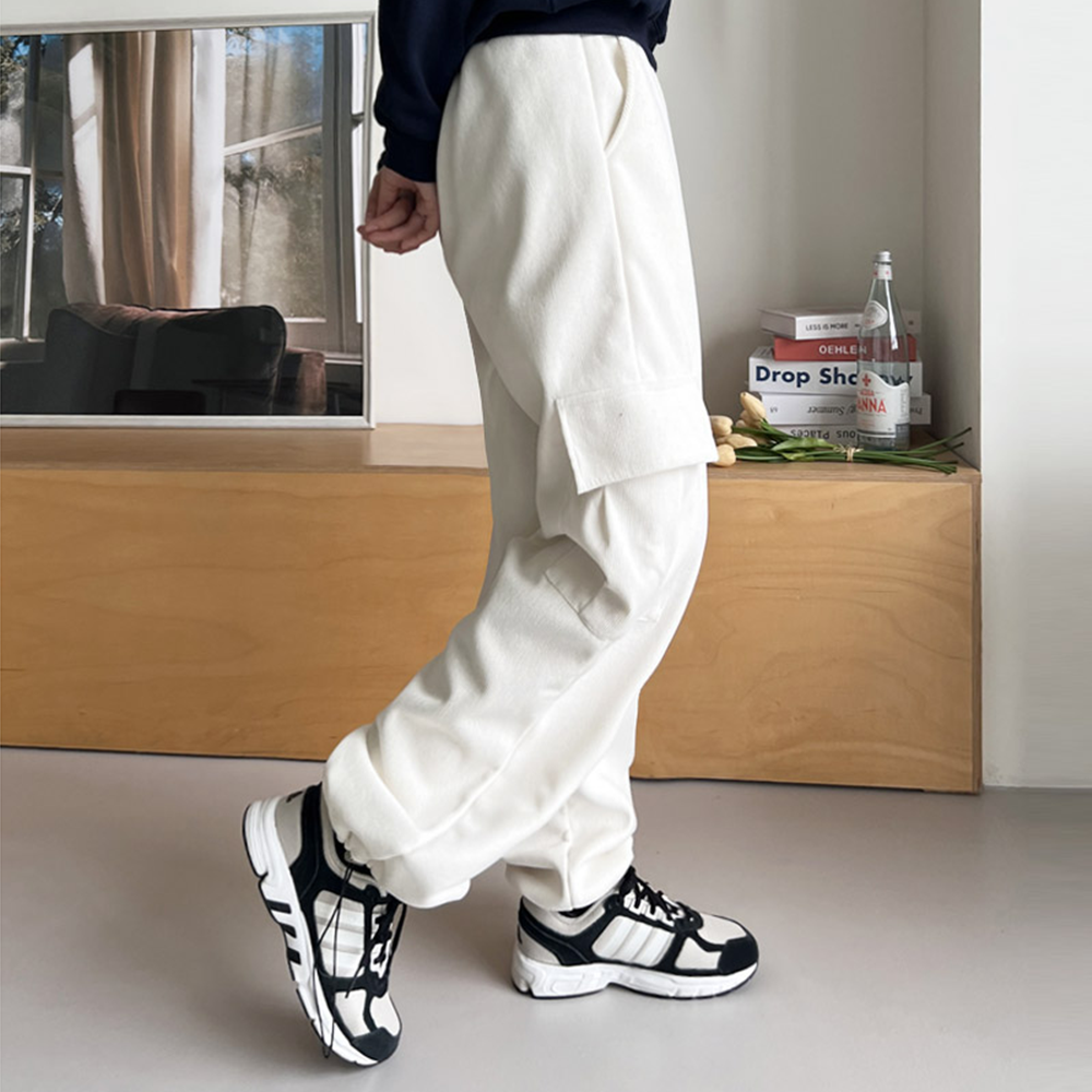 코듀로이팬츠 기모 고무줄 밴딩 여성 와이드 스트링 카고 통바지 - 상세 이미지 4