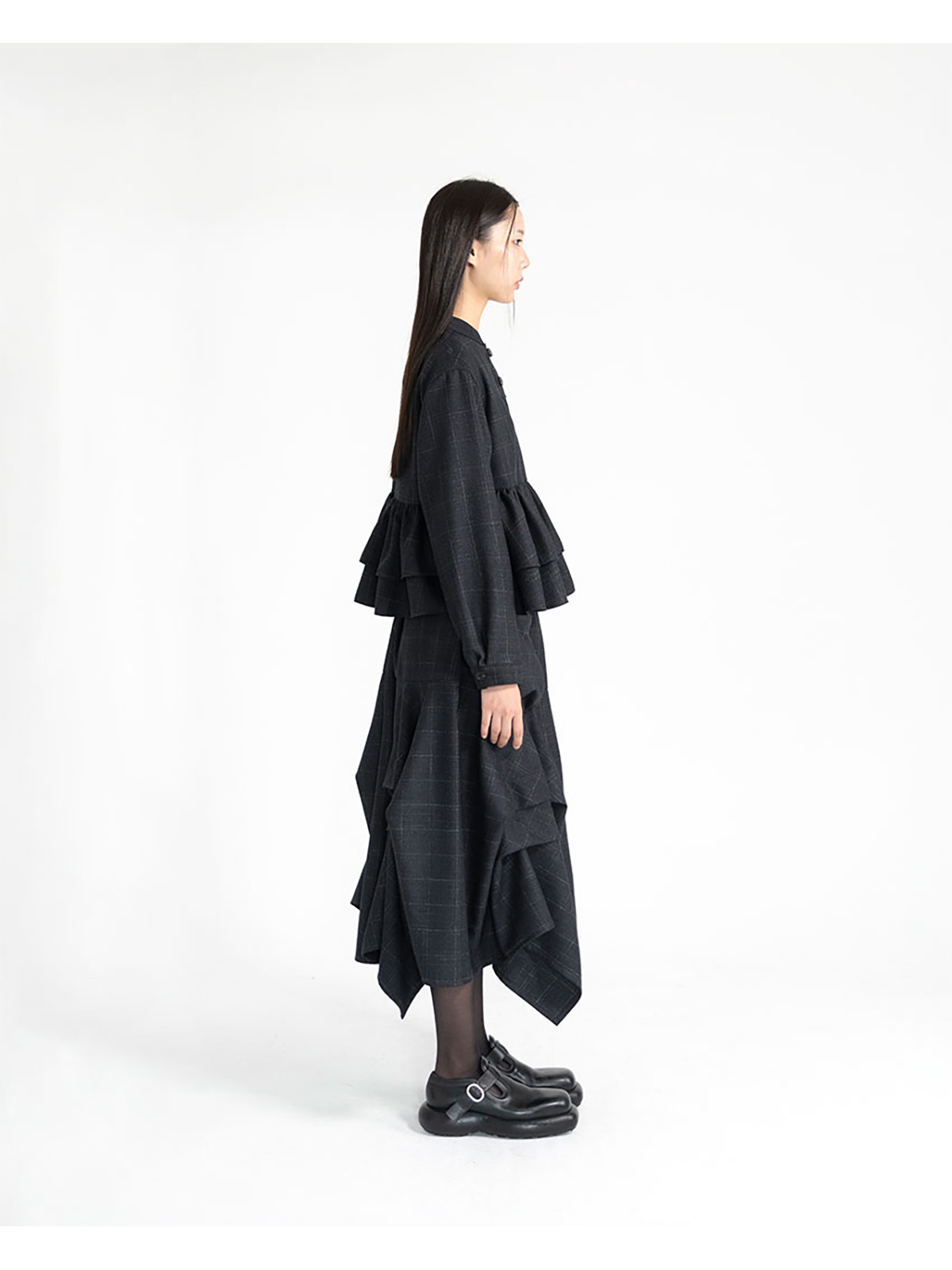 유노이아 EUNOIA CHECK BUTTON BLOUSE DARK NAVY : TRIPLESTORE