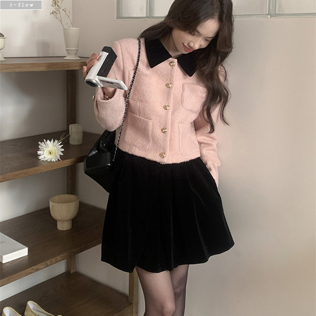 런지 벨벳 카라 금장 핑크 크롭 울자켓 1col 겨울 봄 셋업 부클 하객 제이플로우 - 상세 이미지 2