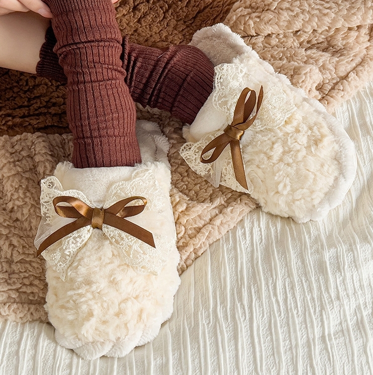 노리스 여성 털실내화 실내슬리퍼 거실화 리본 양털 겨울 거실 실내화