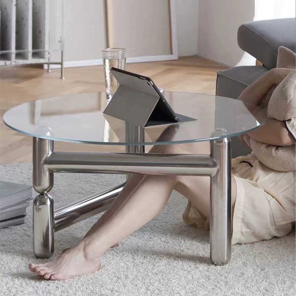 좌식 소파테이블 원형 스테인리스 미드센츄리 라운드 투명 60x45cm - 상세 이미지 2